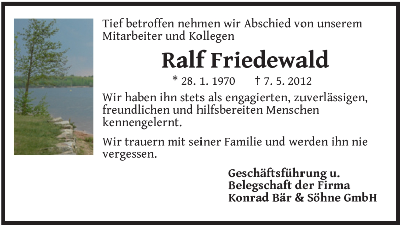  Traueranzeige für Ralf Friedewald vom 12.05.2012 aus Pegnitz-Zeitung